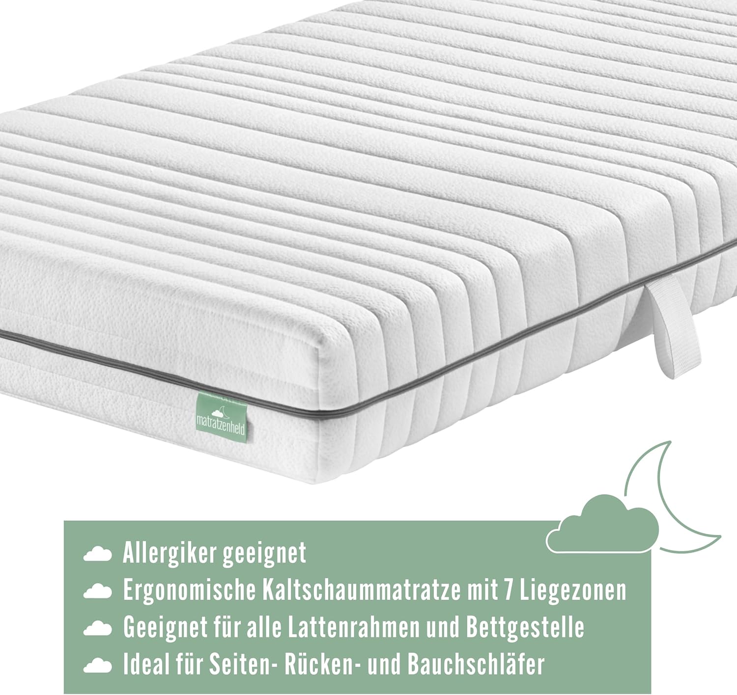 Matratzenheld Wellness Matratze | Ergonomische 7-Zonen Kaltschaummatratze | Härtegrad 2 (H2) 0-80 kg | Öko-Tex Zertifiziert | Höhe 18cm | 120 x 200cm