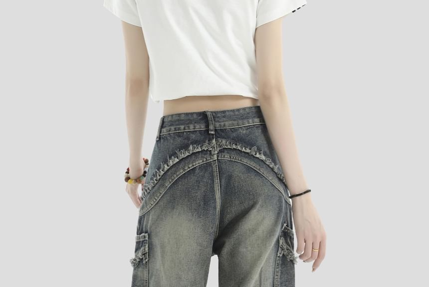 Banash - Low Rise Washed Frayed Wide Leg Jeans