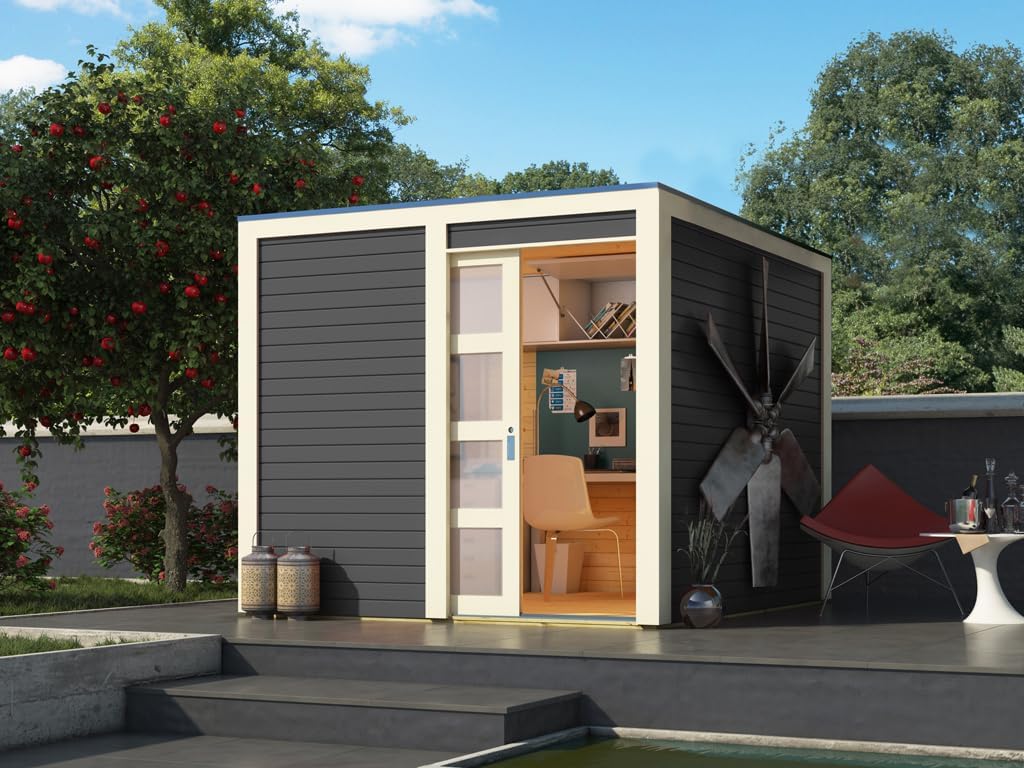 Karibu Gartenhaus Cubino | Gerätehaus mit 19 mm Wandstärke | Schuppen mit 5,76 m² Grundfläche | Tür mit Kunstglas | Steck-/Schraubsystem | Terragrau | Fichtenholz | 246 x 246 x 214 cm