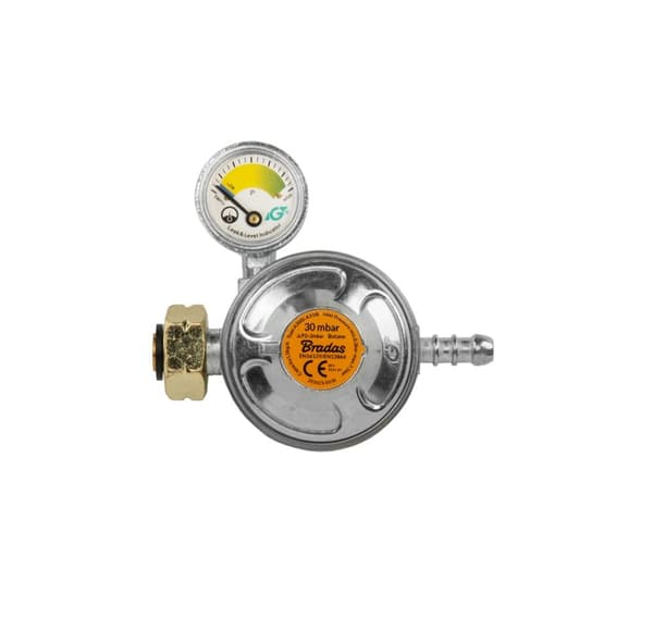 Propan butangass regulator 30 mbar, 1,5 kg/t med nødventil og måler, for 9-10 mm
