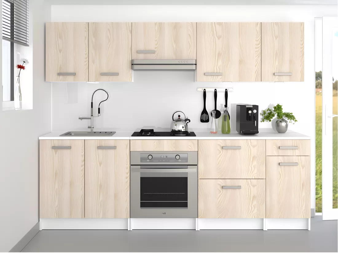 Cuisine complète - Avec plan de travail 240 cm - Naturel clair & Blanc - TRATTORIA