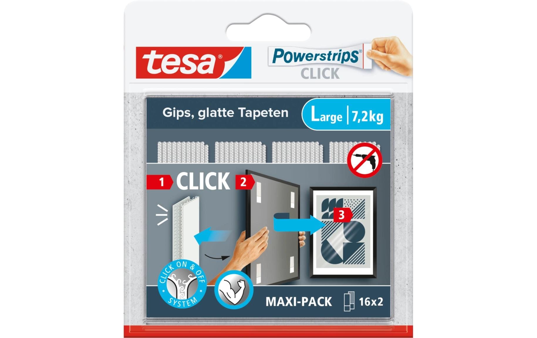 Montagestreifen Powerstrips CLICK Large 16 Paar, 7.2 kgKlett-Klebepads zum An- und Abklicken von Bilderrahmen und Wanddekorationen ohne Bohren