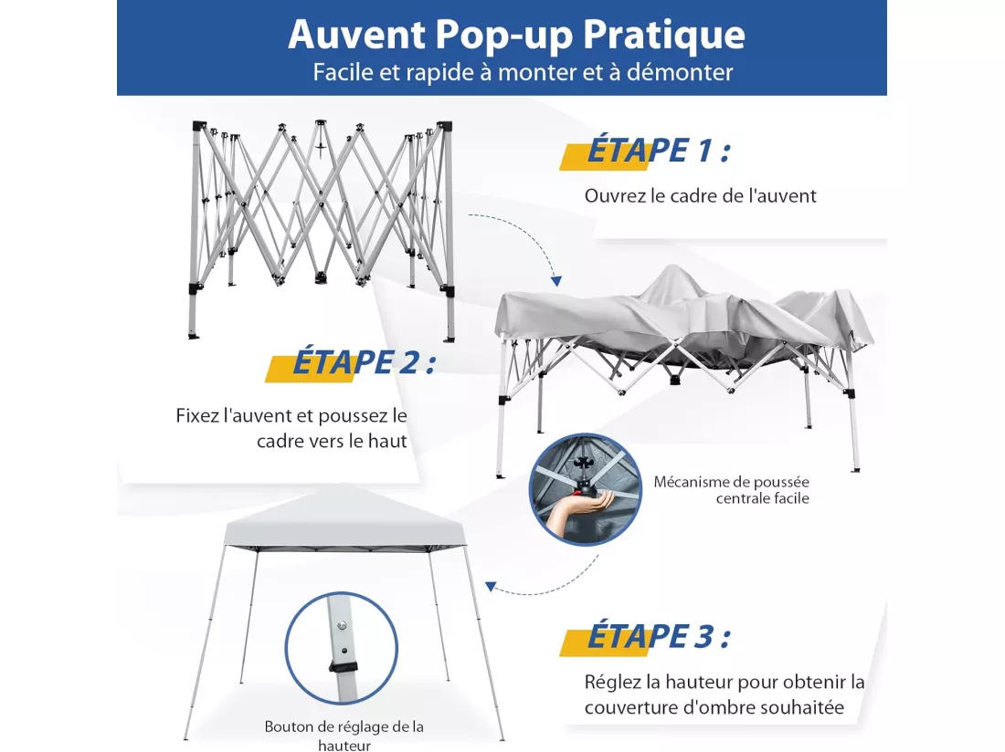 Tonnelle de Jardin Instantanée Pliable 3x3m/Tente de Jardin 3 Hauteurs Réglable Sac avec Sangles Anti-UV 50+ Imperméable pour Marché Patio CamBoisg Blanc