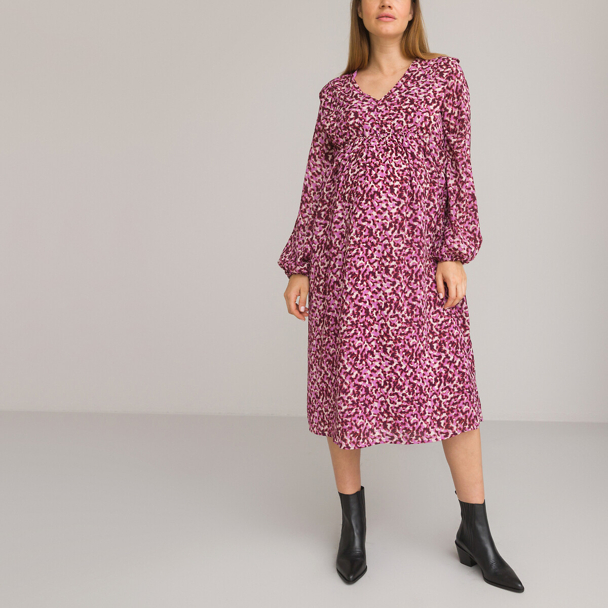 LA REDOUTE COLLECTIONS<br>Vestido de maternidade com decote em V, mangas compridas e estampado