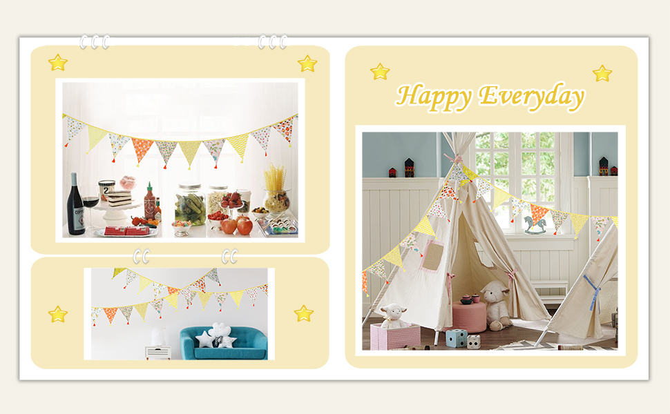 (2m) Stoff Wimpelkette Kinderzimmer Fahnen Girlande Party Deko Accessoire mit Pompon's - Gold / Weiss