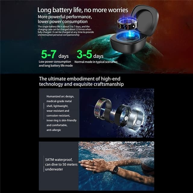 Vandtæt Smart Ring Søvntracker Blodilt Pulsmåler Opladningsetui