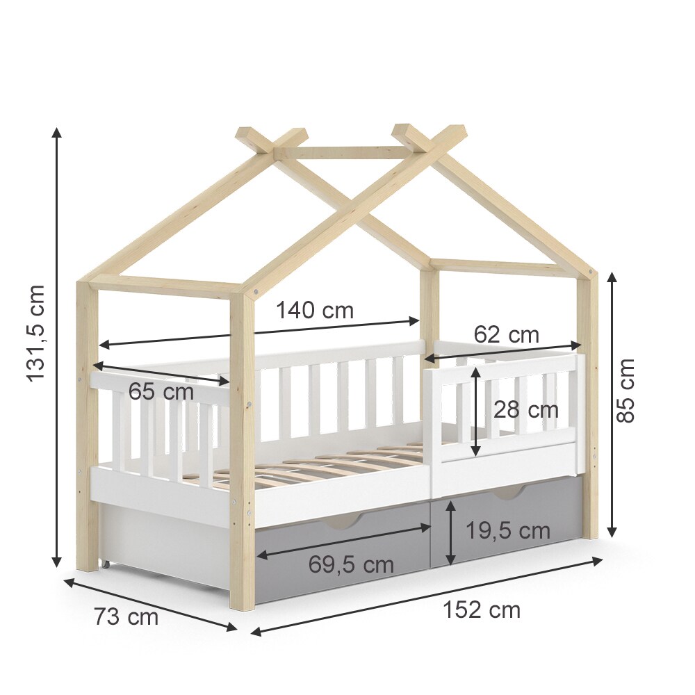 VitaliSpa Kinderbett Hausbett Einzelbett Design Weiß Grau Natur modern 70x140 cm Kinderzimmer Bett Massivholz Lattenrost Schublade Rausfallschutz Schubladenbett Matratze