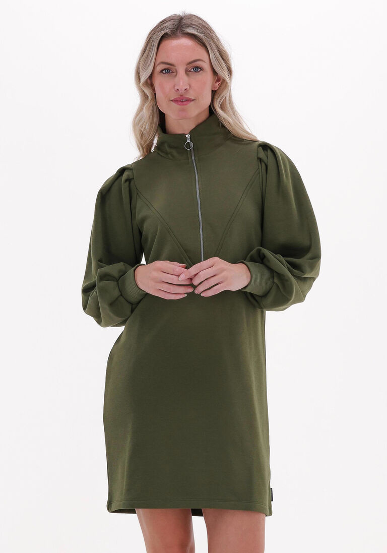SCOTCH & SODA groene scotch & soda mini jurk zipped neck sweat dress with puffed sleeves