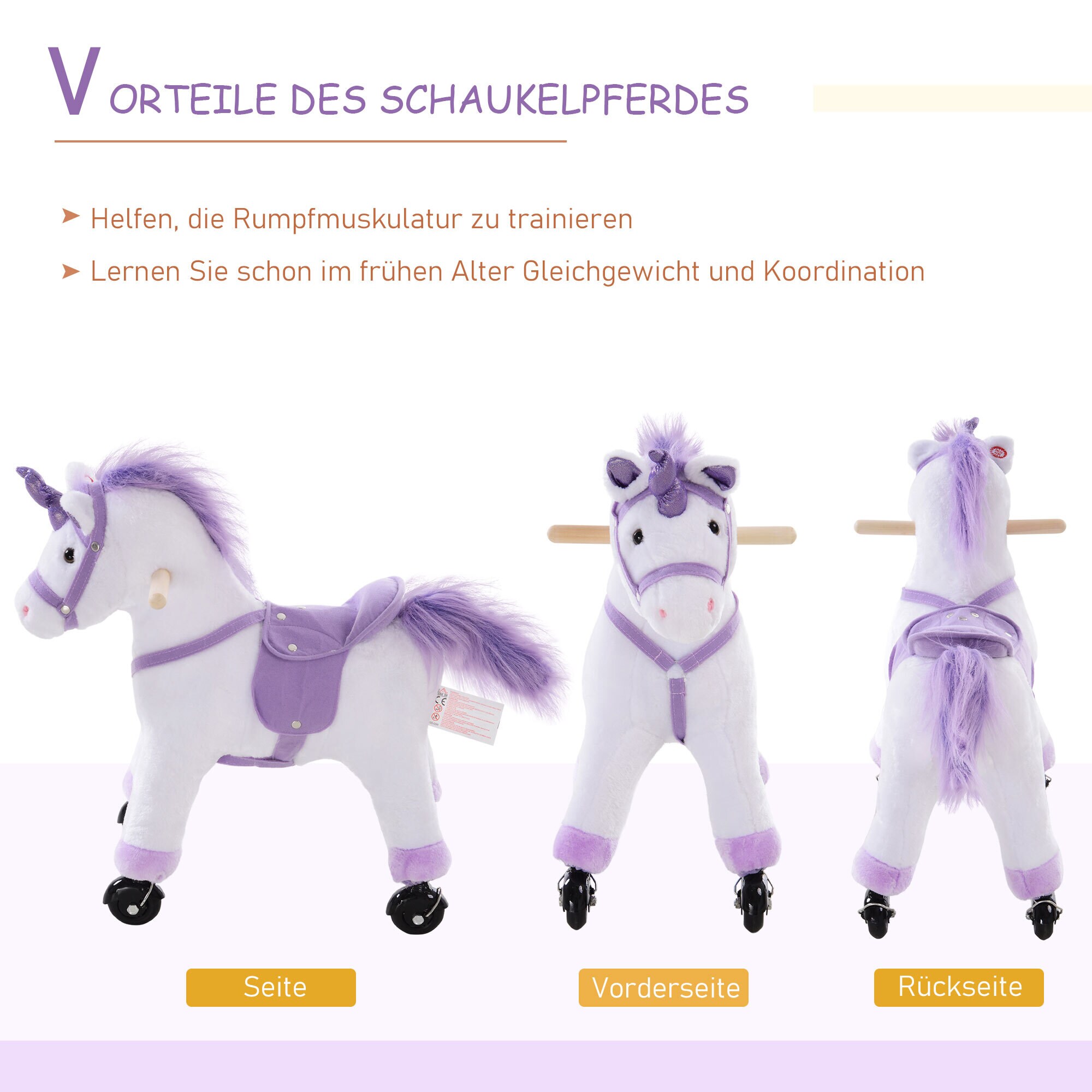 HOMCOM Plüsch-Einhorn auf Rollen weiß, lila 55 x 23 x 60 cm (LxBxH)