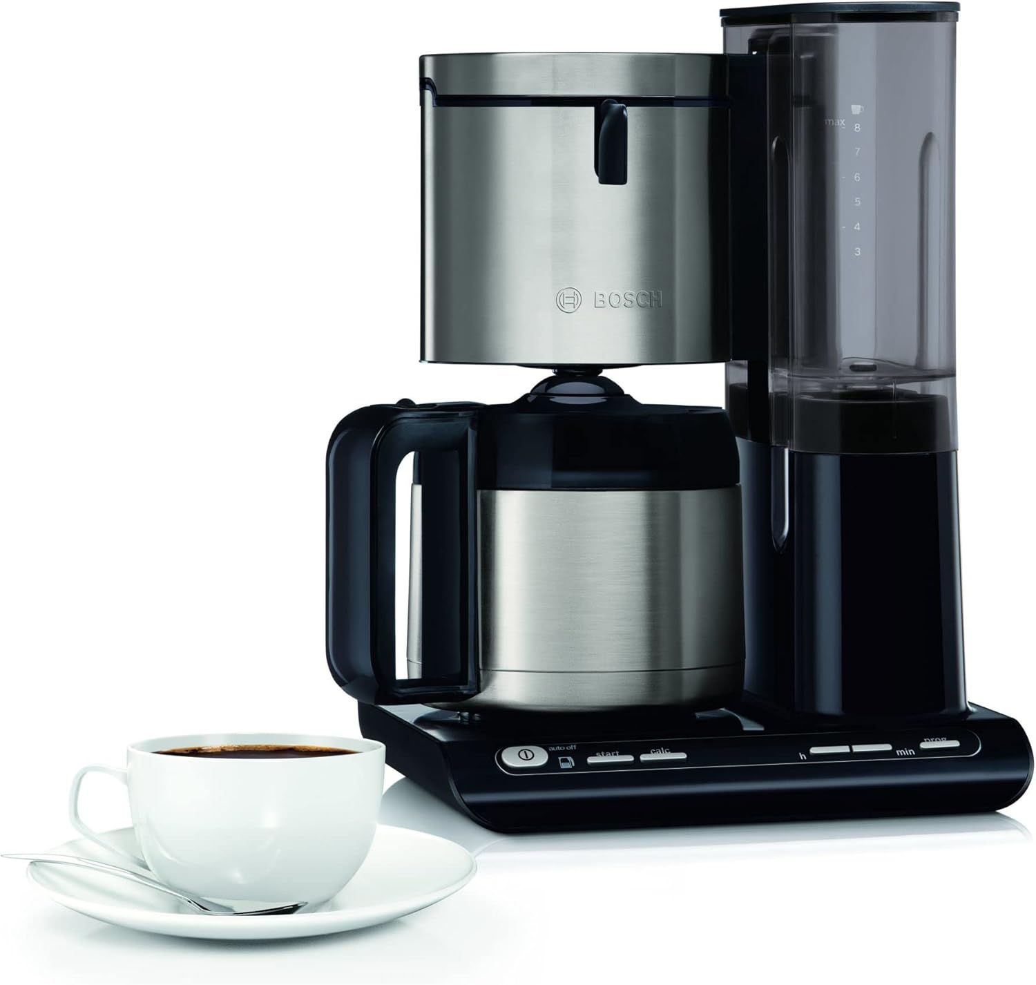 Bosch Filterkaffeemaschine Styline TKA8A683, Aroma Sensor, Edelstahl-Thermokanne 1,1 L, für 8-12 Tassen, Abschaltautomatik, Entkalkungssystem, Tropfstopp, abnehmbarer Wassertank (1 L), 1100 W, schwarz