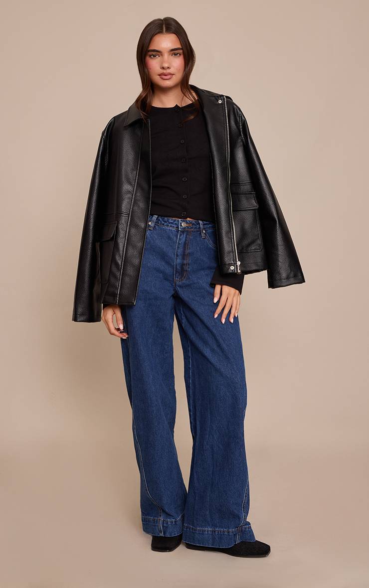 Bleu Indigo Jean Large Bleu Moyen Décontracté Taille Mi-haute Avec Détails De Coutures