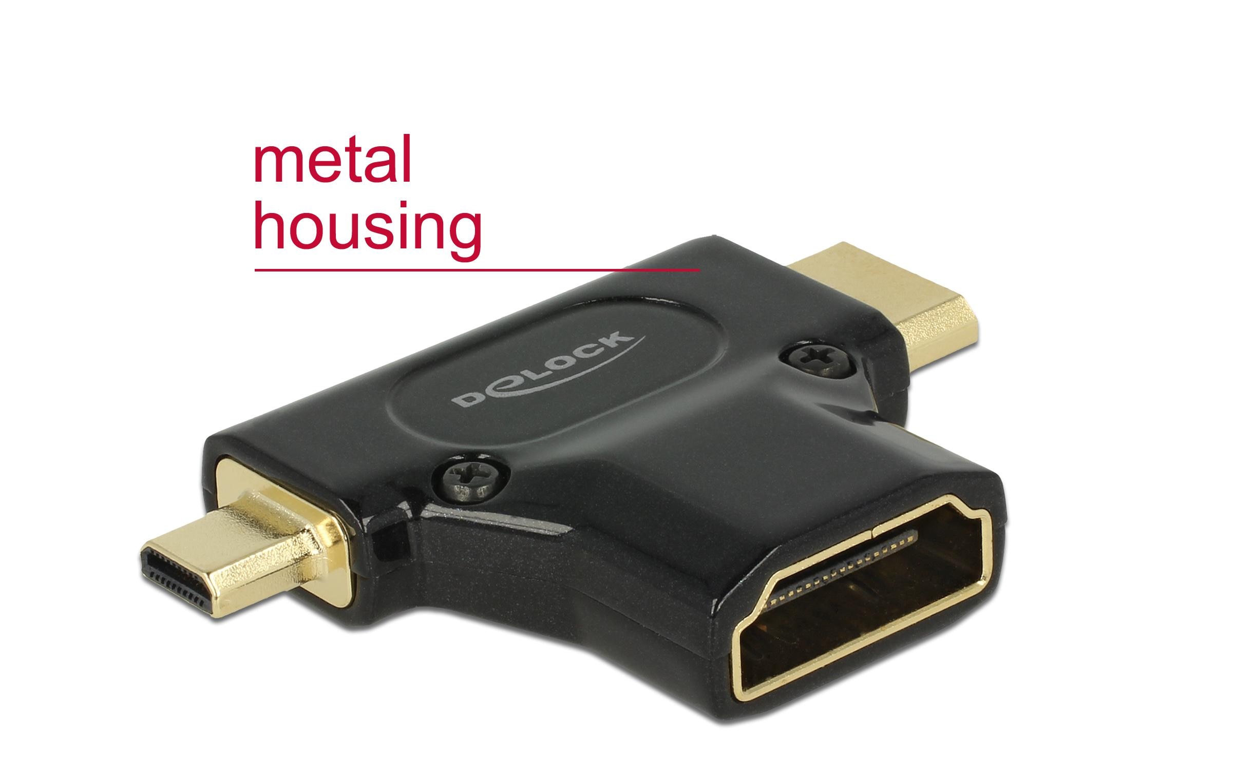 Adapter HDMI - Micro-HDMI (HDMI-D)/Mini-HDMI (HDMI-C)Delock Adapter High Speed HDMI mit Ethernet – HDMI-A Buchse > Mini-C Stecker + Micro-D Stecker schwarz