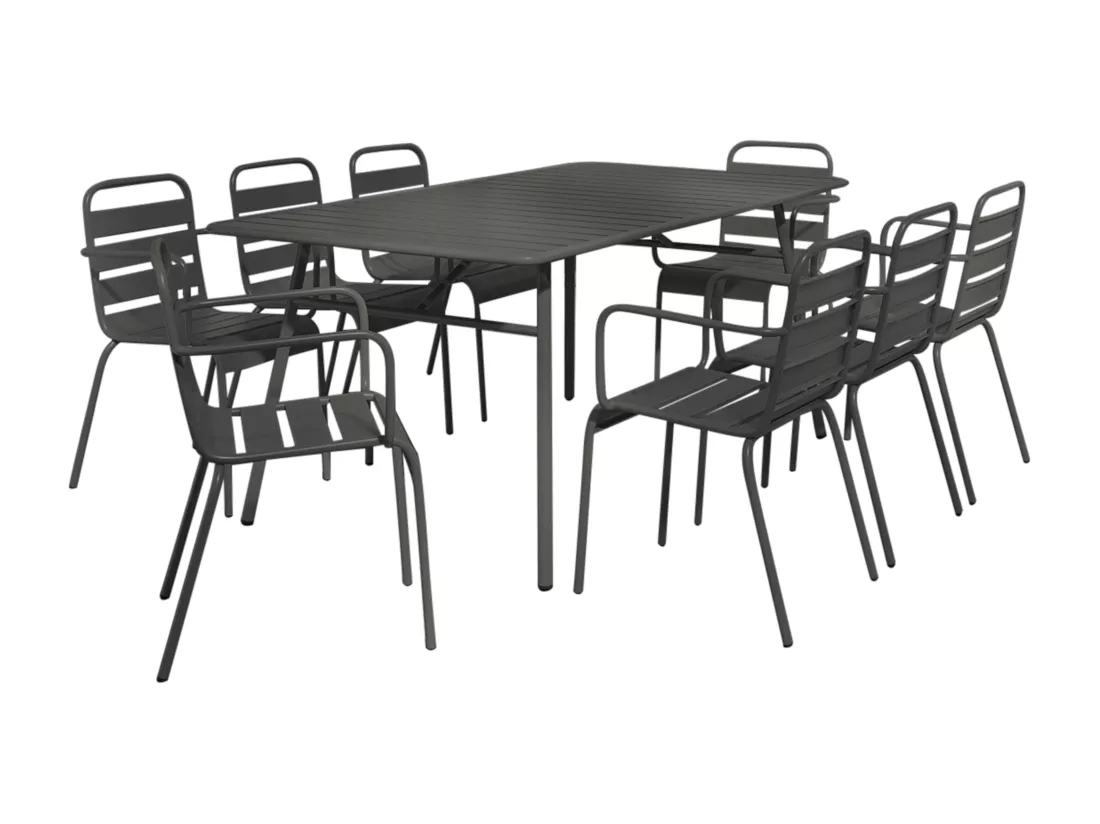 Salle à manger de jardin en métal - une table L.200 cm et 8 fauteuils empilables - Gris anthracite - MIRMANDE de MYLIA