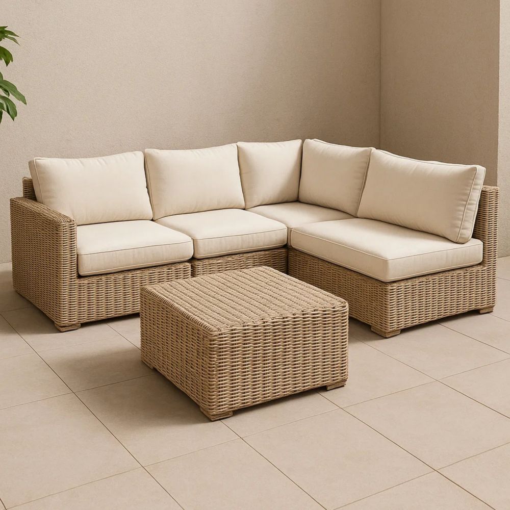 Gartensofa Set aus Polyrattan Beige Eckform mit Kissen