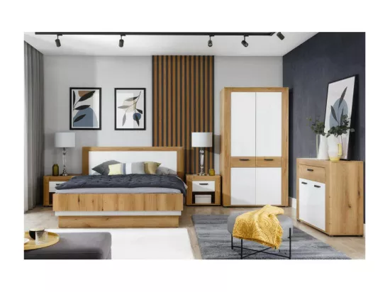 Chambre complète 160x200 Blanc/Bois clair - ABOKI n°1