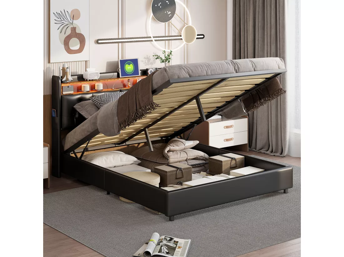 Lit coffre 180x200cm - lit double avec sommier à lattes et tête de lit LED avec étagères et port charge - cuir noir