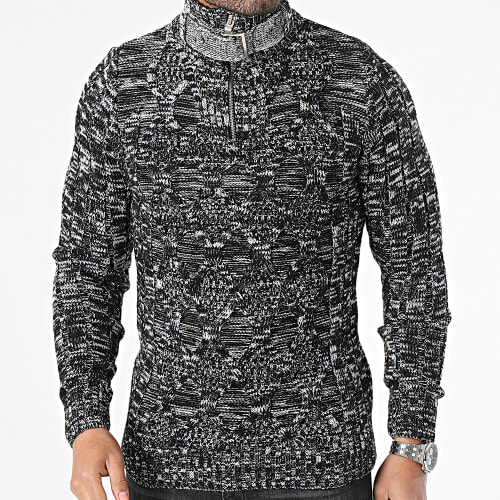 Pull Col Zippé Noir Blanc