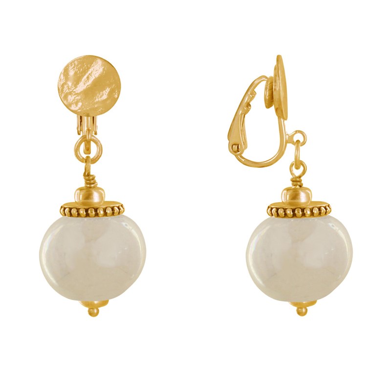 Boucles d'Oreilles Clip Métal Doré et Grosses Perles en Céramique