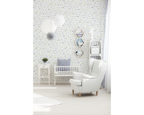 Vliesbehang 36933-3 Aantrekkelijke vlinders blauw groen wit