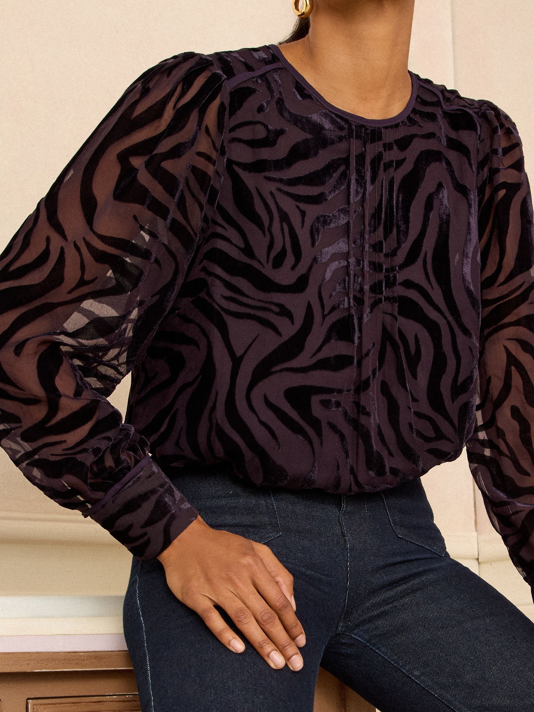 Paars met zebraprint - Love & Roses Crew Neck Long Sleeve Burnout Blouse