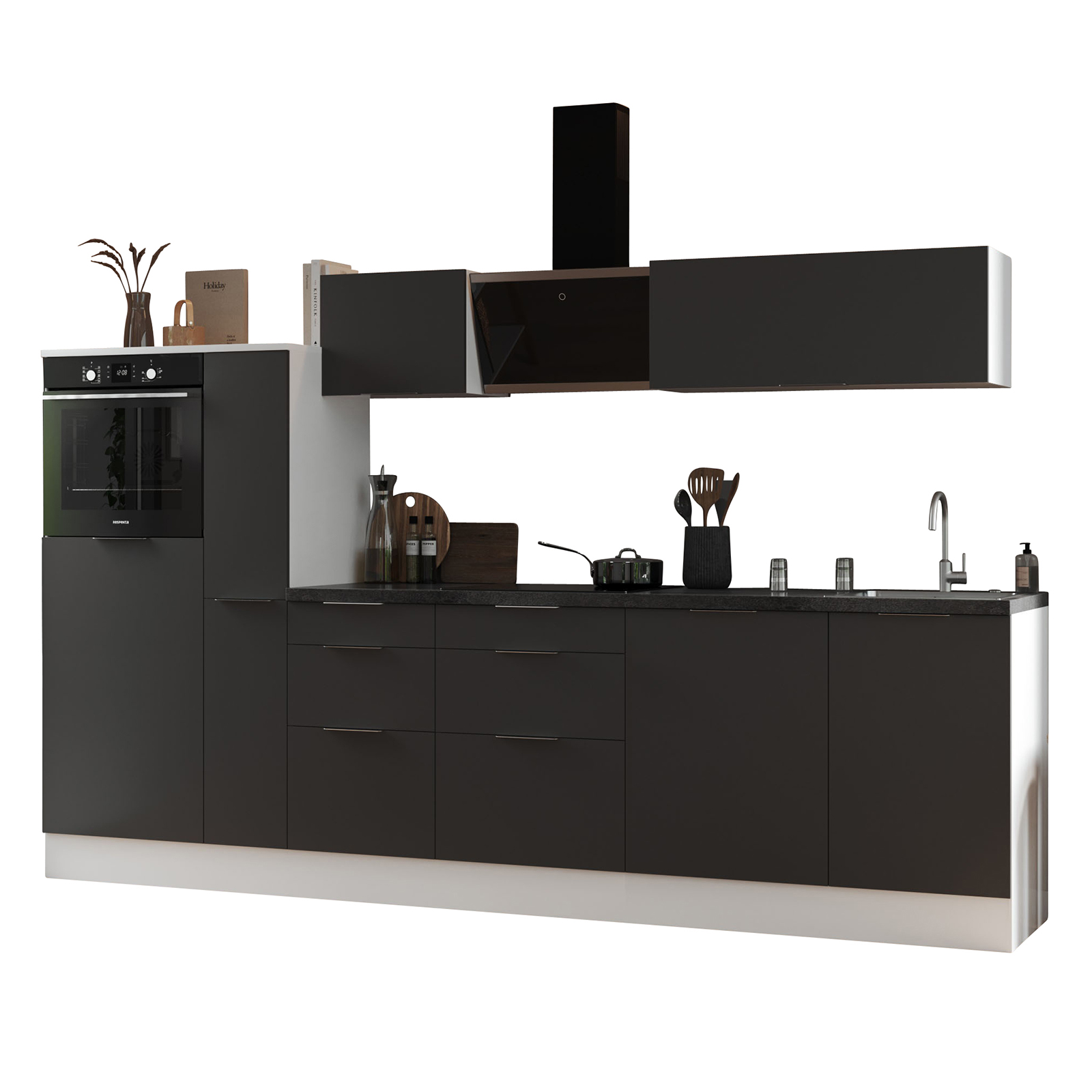 RESPEKTA Küchenblock - grau matt - weiß matt - mit E-Geräten - 310 cm