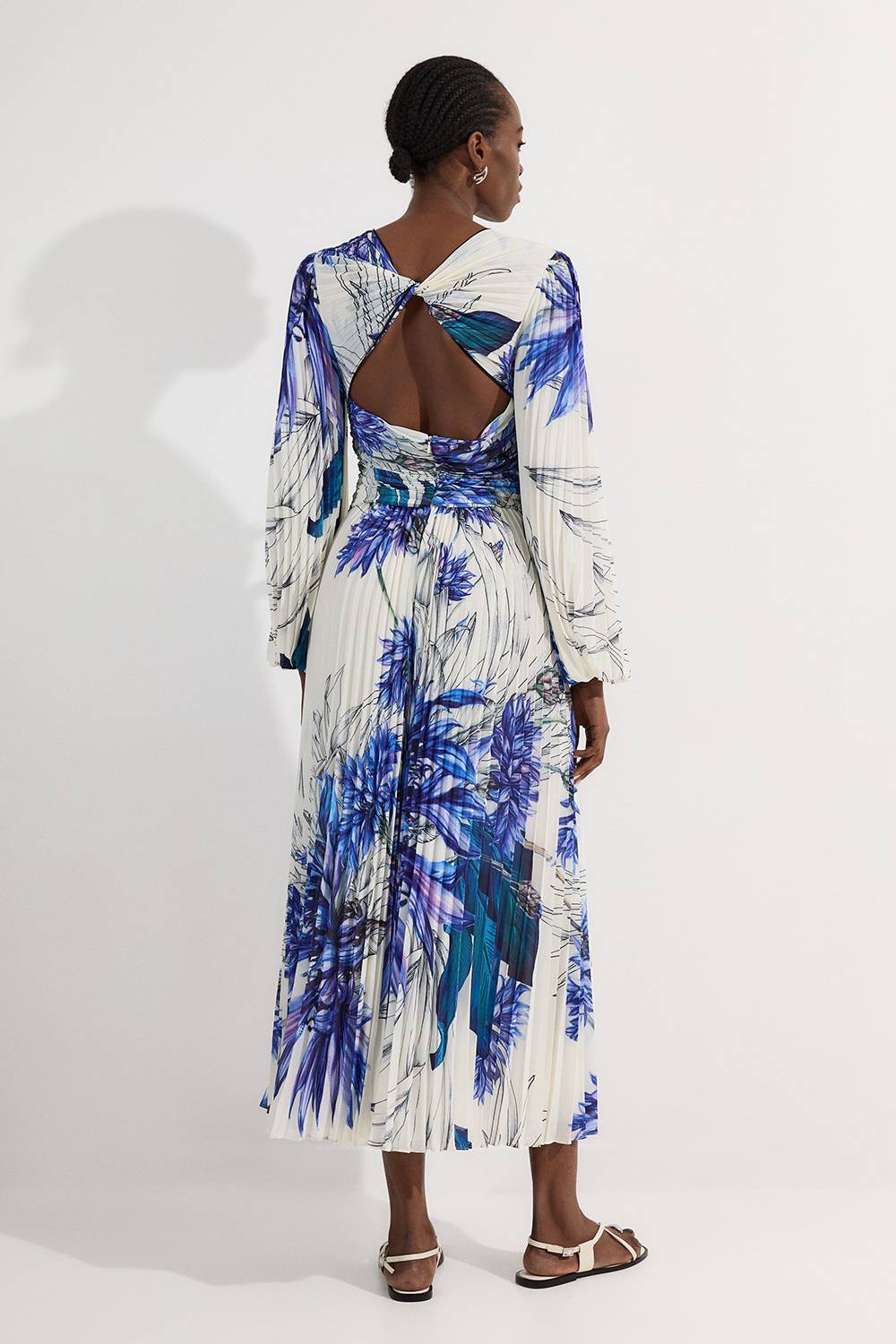 KarenMillen Robe maxi longue tissée à imprimé fleuri, manches ballon, plissée, effet froissé et découpes