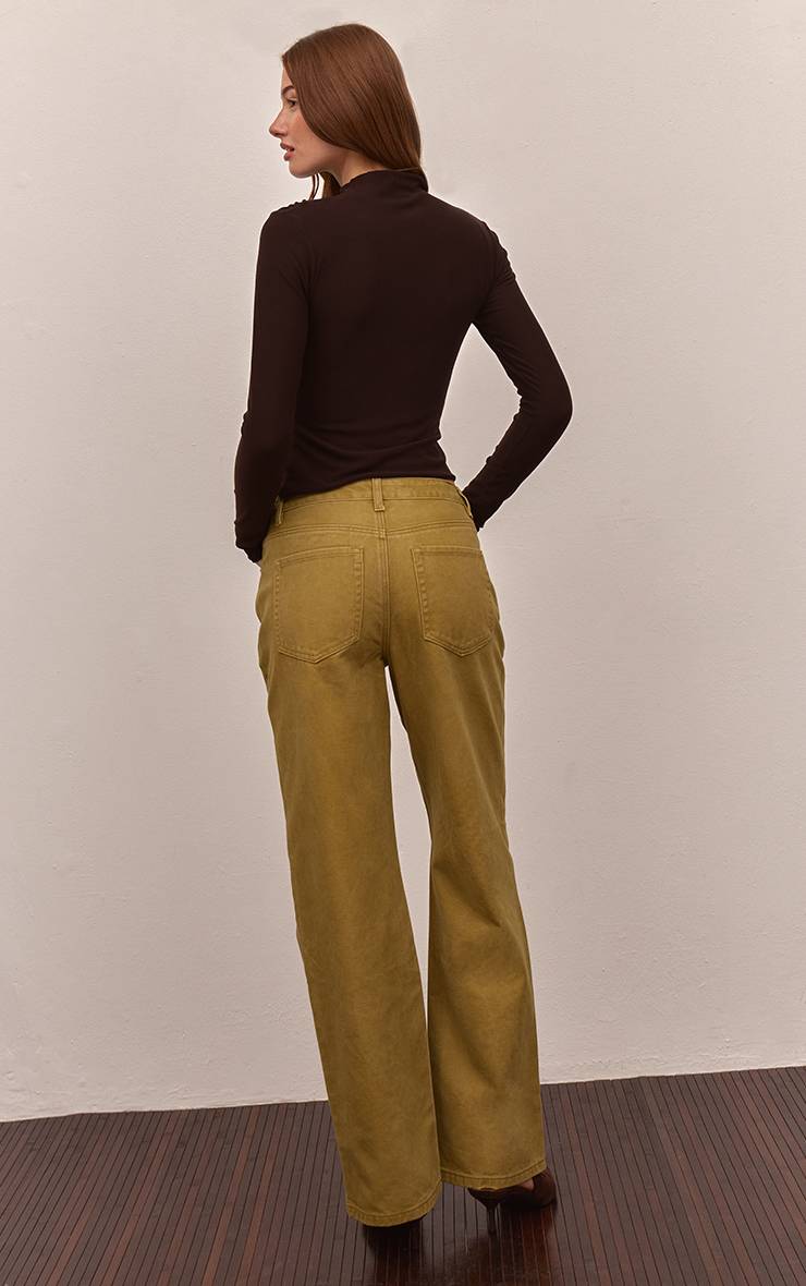 Vert Olive Jean Droit En Denim Taille Mi-haute