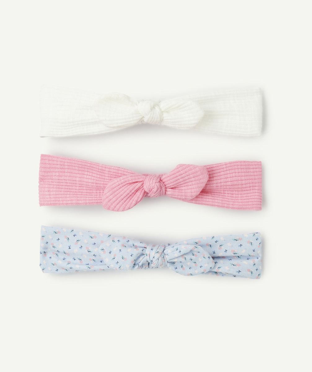 LOT DE 3 BANDEAUX BÉBÉ FILLE BLANC ROSE ET BLEU AVEC NOEUDS