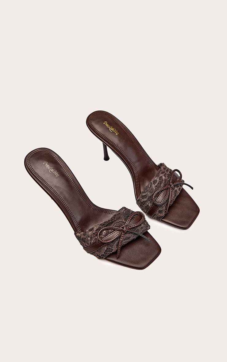 Marron Mules À Talons Chocolat En Dentelle Froncée Avec Nœud