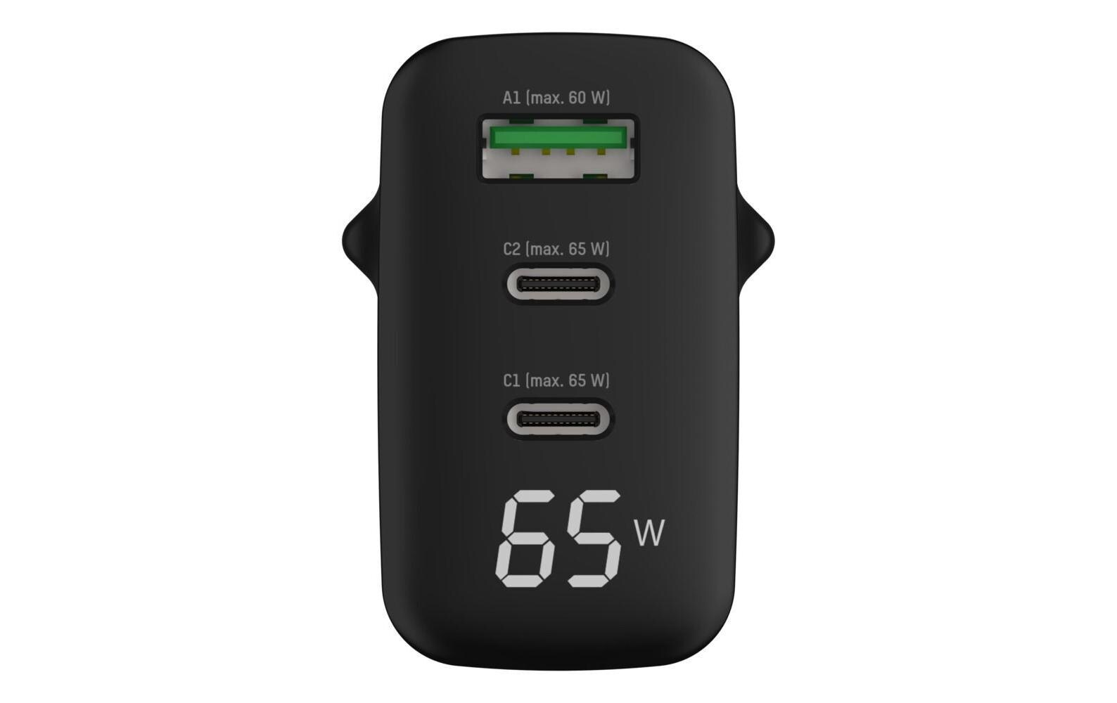 USB-Wandladegerät Home Charger HC365PD 3A, 65W, 3x USBSchwarzer USB-Ladeadapter mit hoher Stange für den Innenbereich