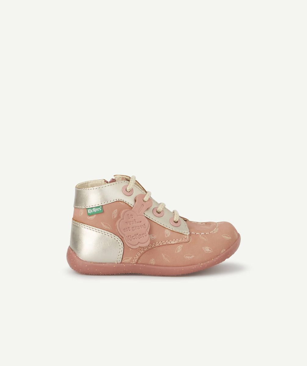 KICKERSBOTTINES BÉBÉ FILLE EN CUIR ROSE ET COULEUR ARGENTÉE AVEC FEUILLES