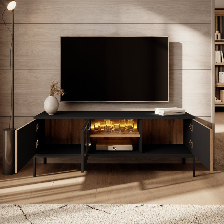 Legend - TV-Meubel met 3 deuren - Mat zwart/eiken - 154 cm