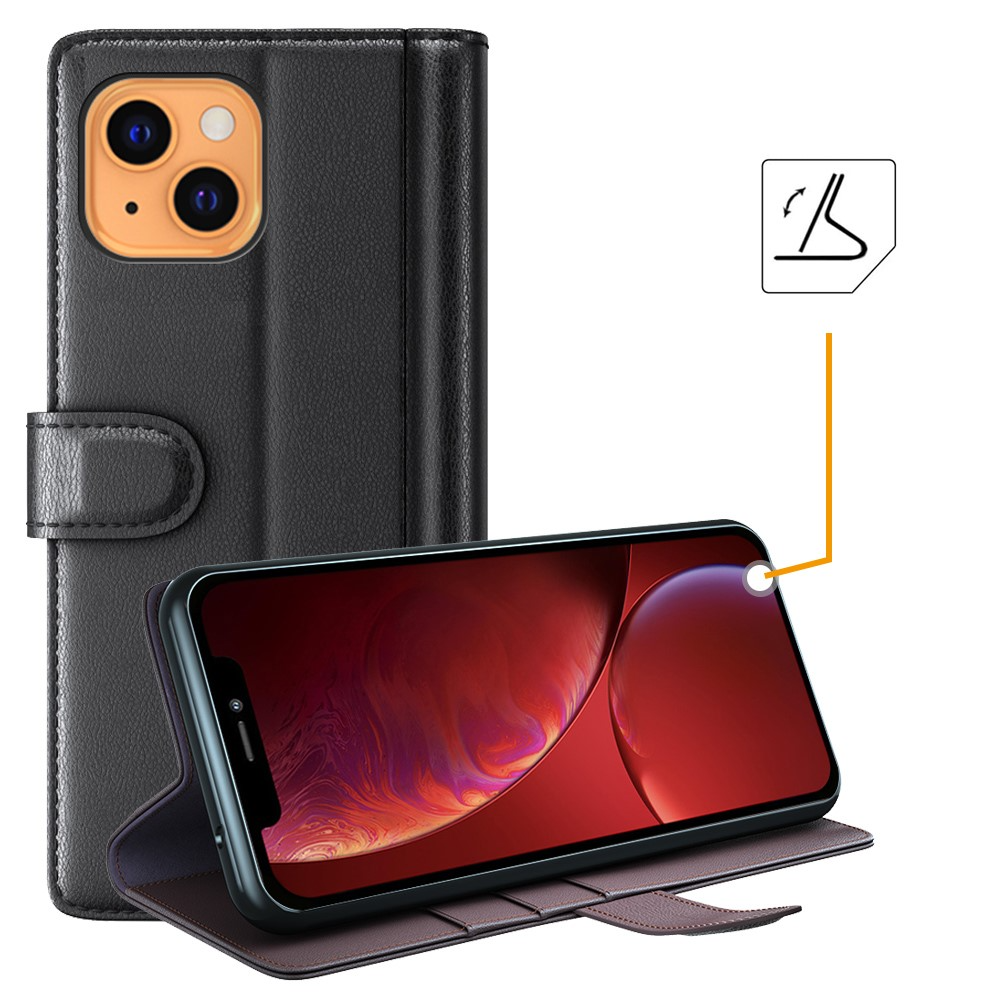 iPhone 13 Echtleder Tasche Flip Cover mit Kartenfächer - Schwarz