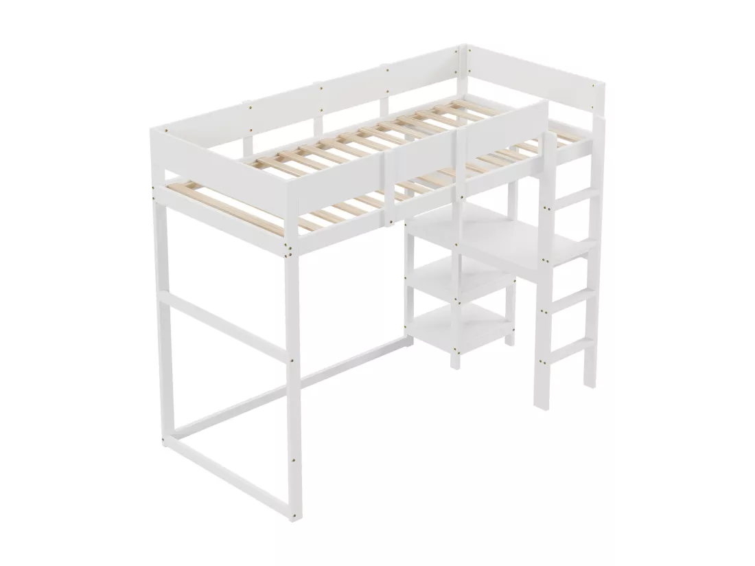 Lit mezzanine enfant 90 x 200 cm, avec étagère de rangement, cadre de lit en pin massif, sommier à lattes, lit pour enfants et adolescents, Blanc