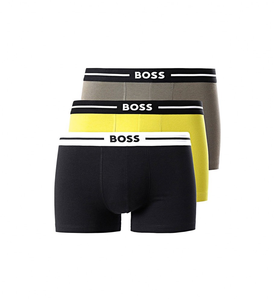 Pacote com 3 cuecas boxer BOSS Bold nas cores verde, amarela e preta.