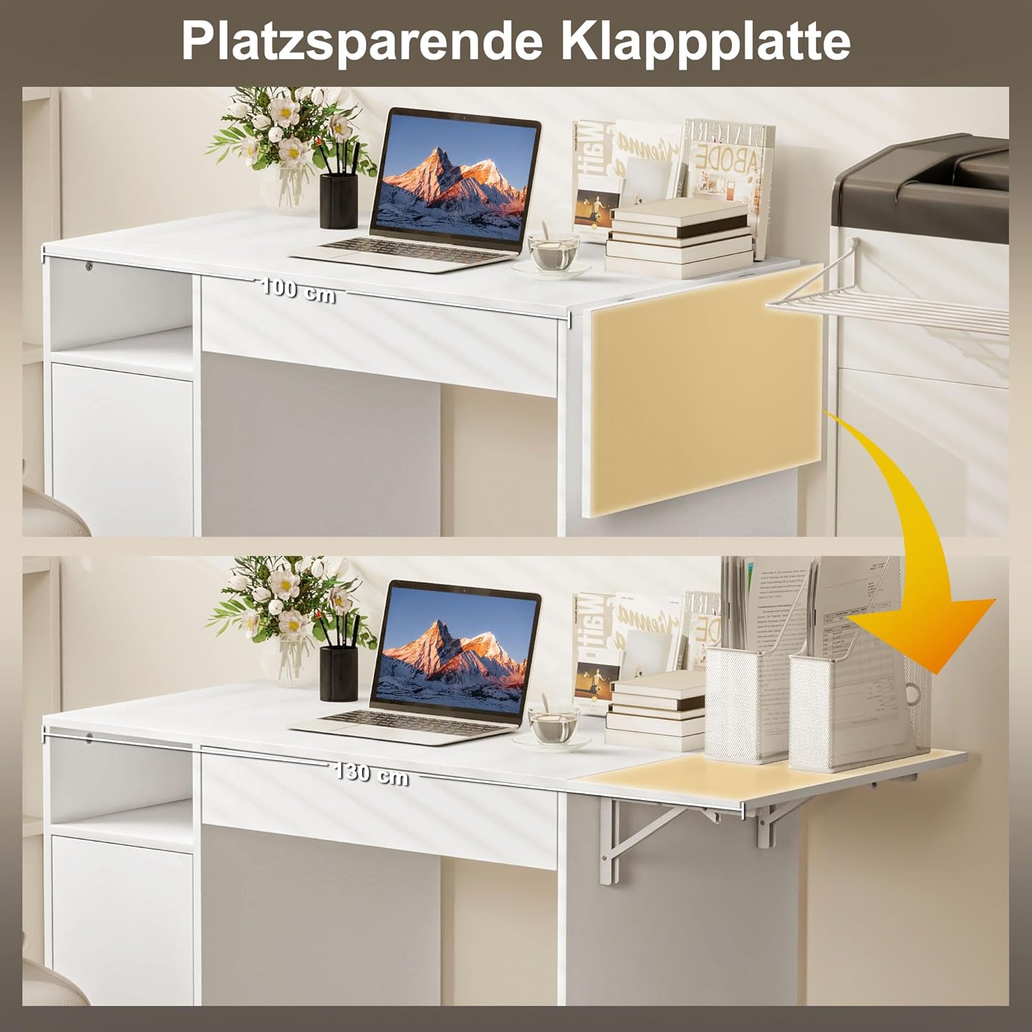 HOMCOM Schreibtisch mit Rollen, Bürotisch mit Schublade, Klappplatte und Schrank 140 x 53 x 75 cm Moderner Computertisch mit offenem Fach, Vertsellbar Regal für Büro, Wohnzimmer Weiß