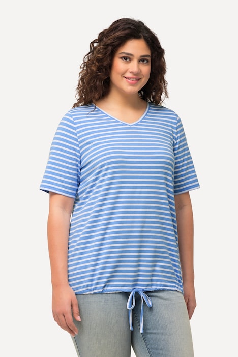Shirt, Ringel, Saumband, V-Ausschnitt, Halbarm