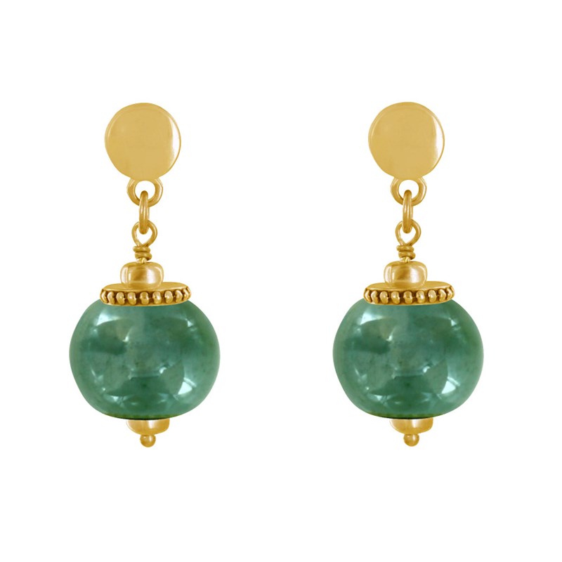 Boucles d'Oreilles Clous Métal Doré et Grosses Perles en Céramique