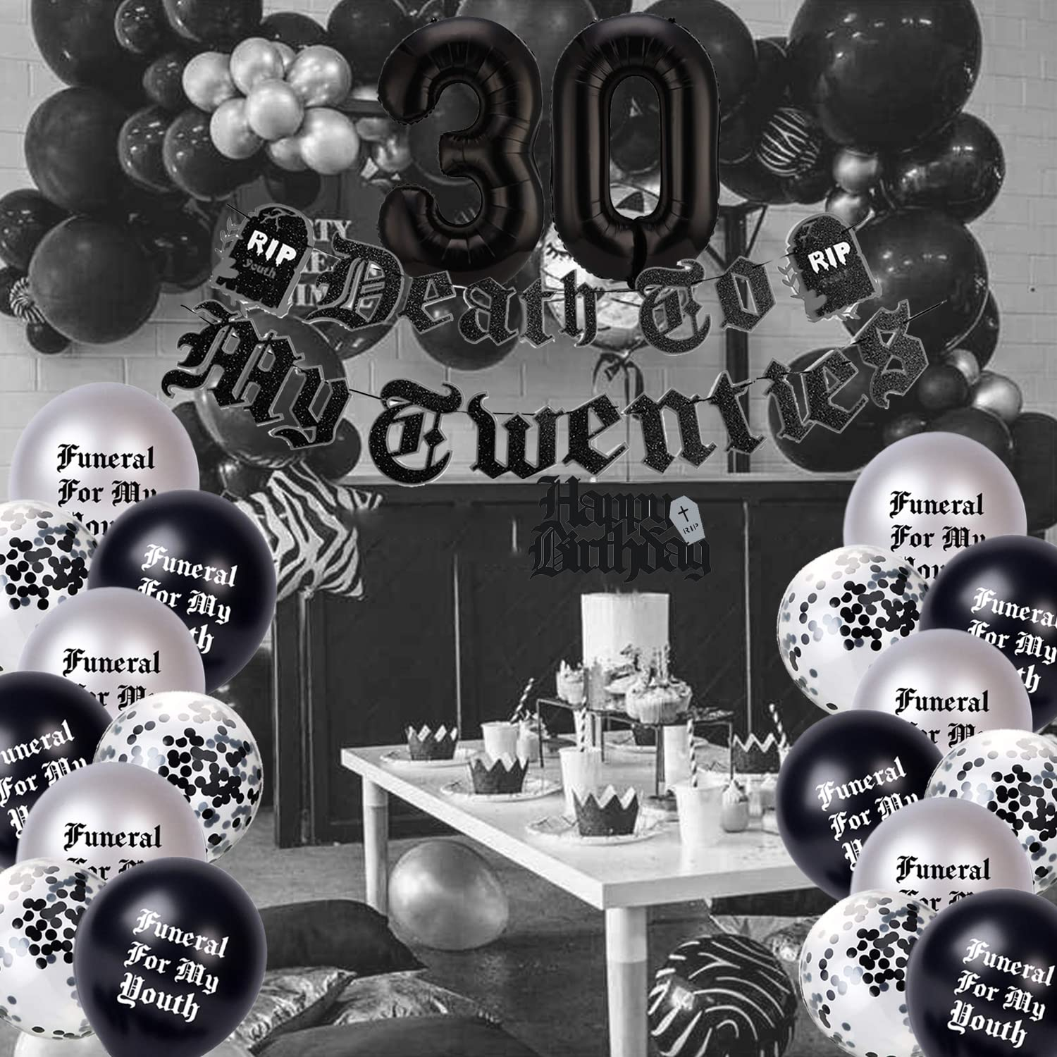(22-tlg. Set) Death to my Twenties R.I.P Girlande 30. Geburtstag Party Deko Grusel Grabstein Latex- und Folienballons / Kuchenstecker - Schwarz