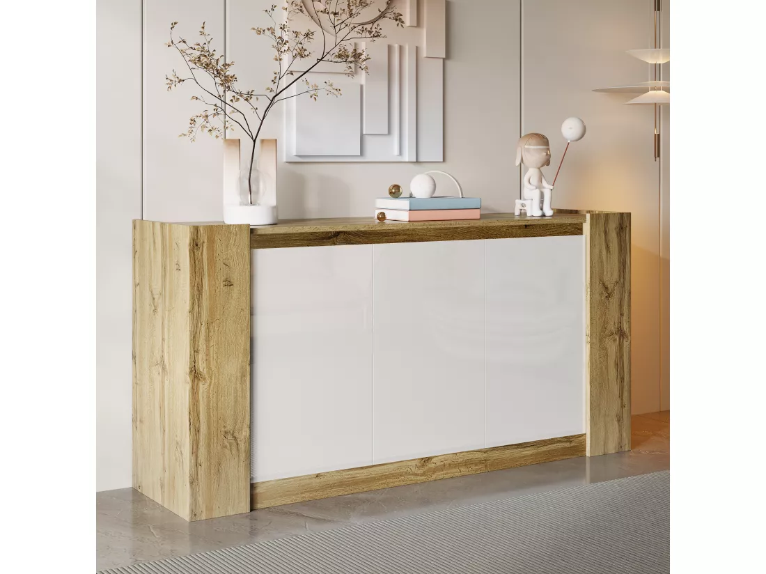 Buffet 150x40x70.5cm - 3 portes - design sans poignées - étagères réglables - blanc + naturel