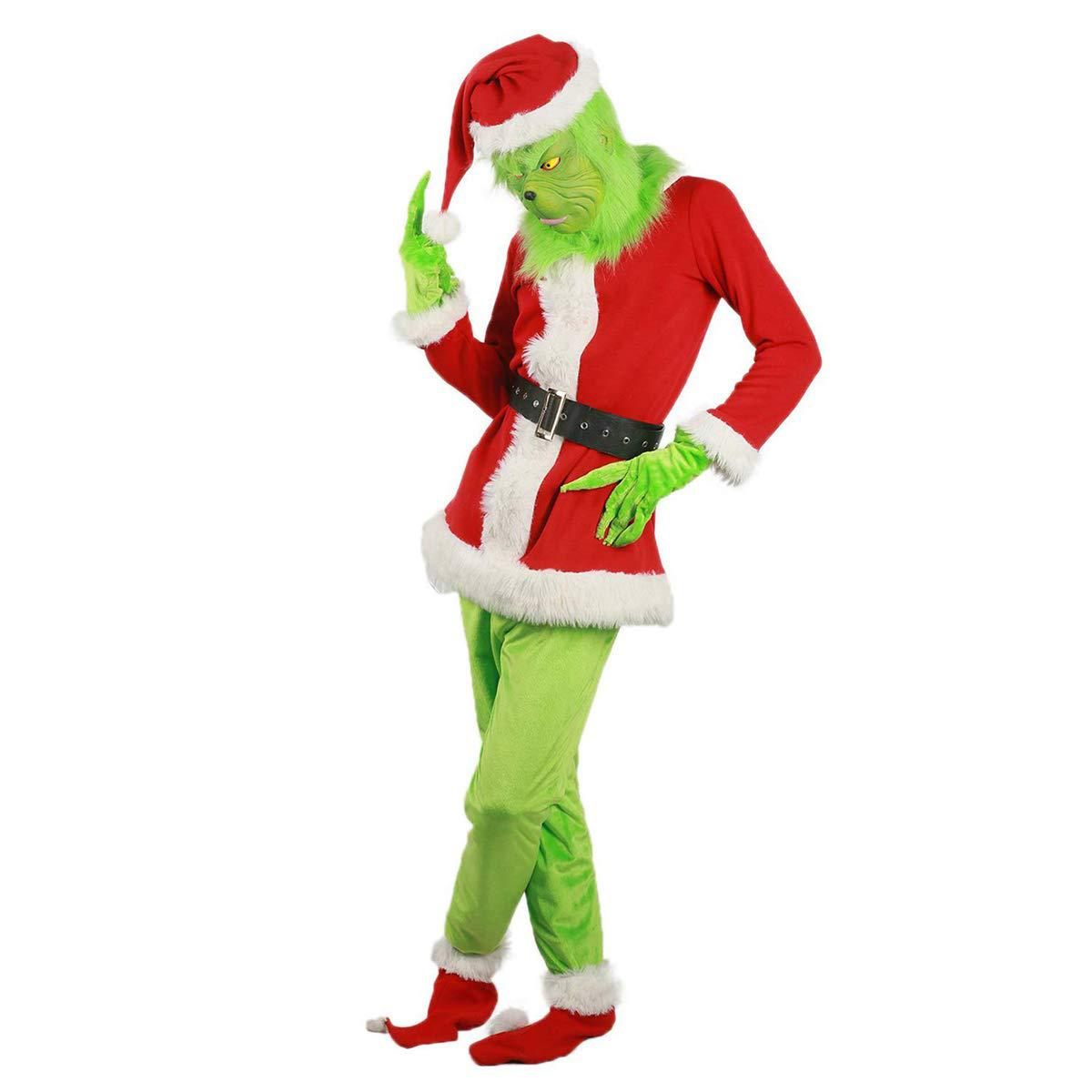 (190-200cm) Christmas Erwachsenen Kostüm Grüner Bösewicht Weihnachts Verkleidung für Motto Partys inkl. Handschuhe / Schuhstulpen / Mütze - Grün