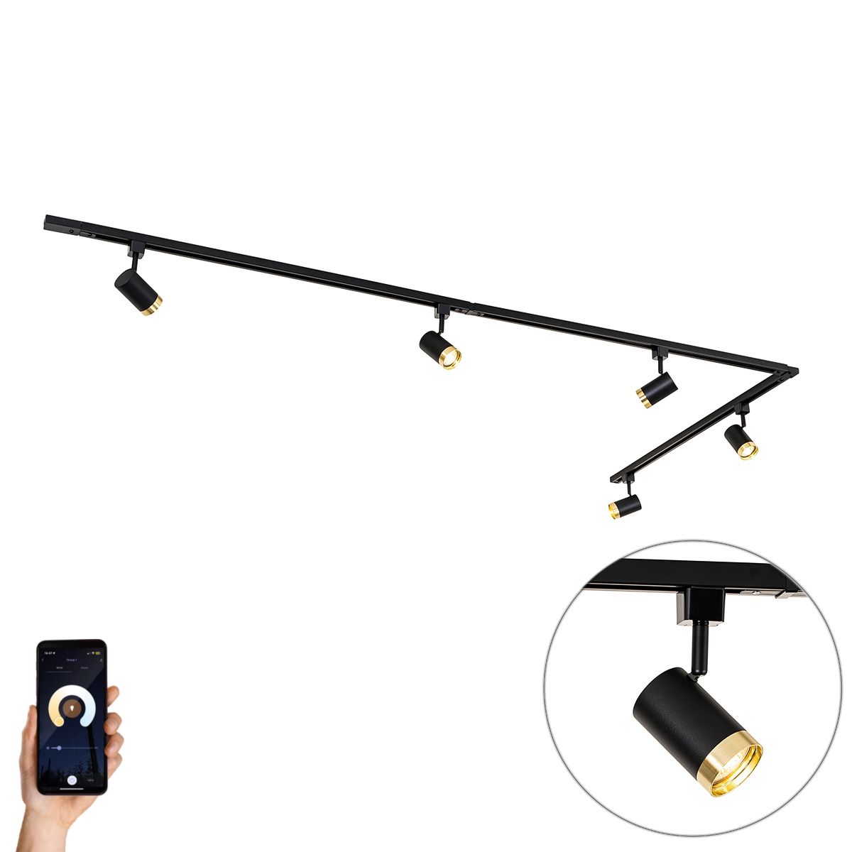 Smart railsysteem met 5 spots zwart goud 1-fase incl. 5 Wifi GU10 50mm - Iconic Jeana