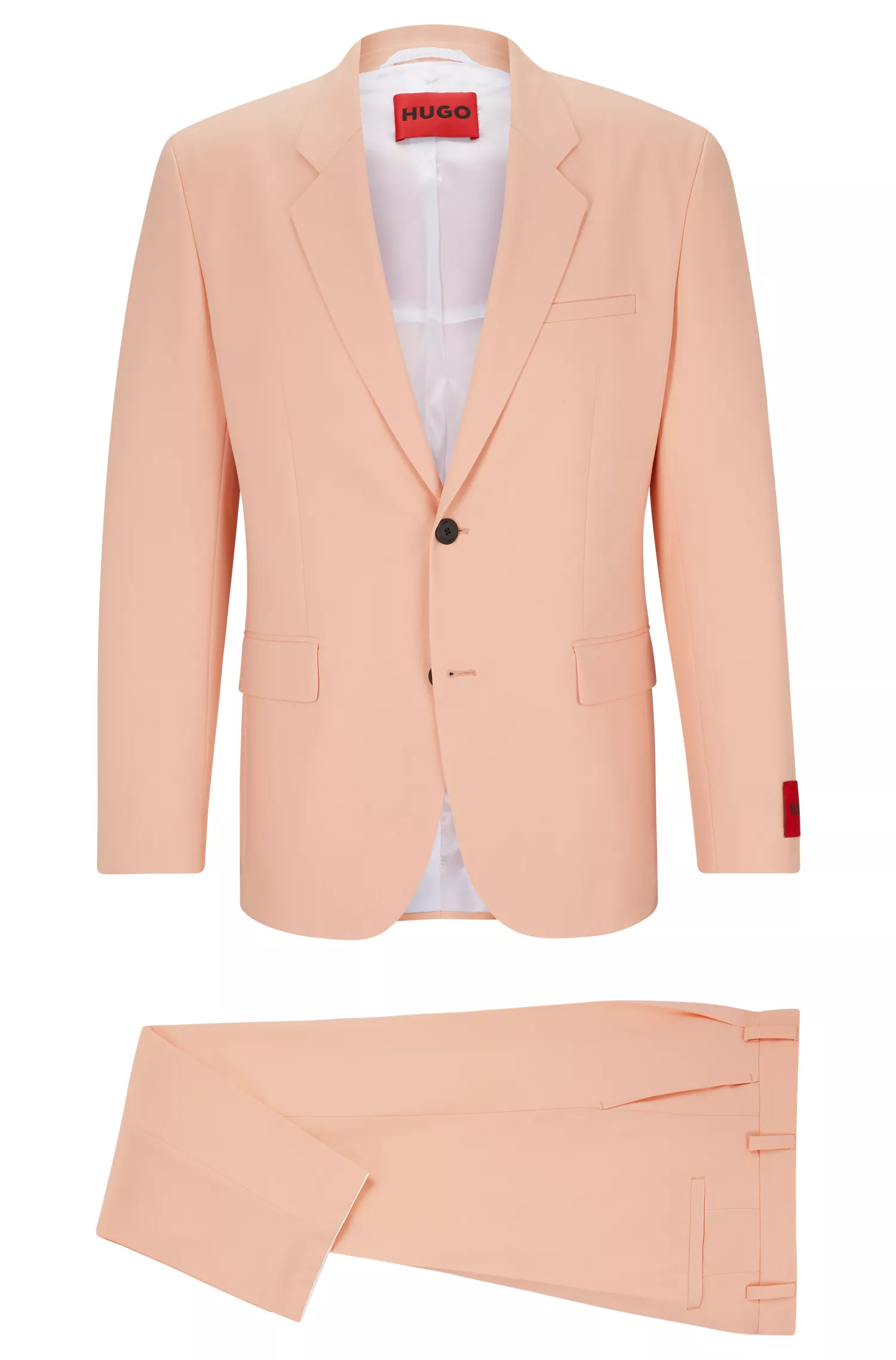 Terno HUGO vermelho, corte moderno, em tecido elástico de alta performance com estampa.