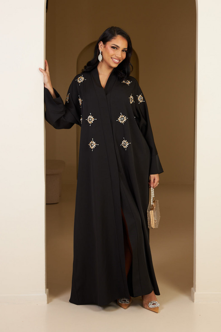 Kimono noir à strass doré et argenté