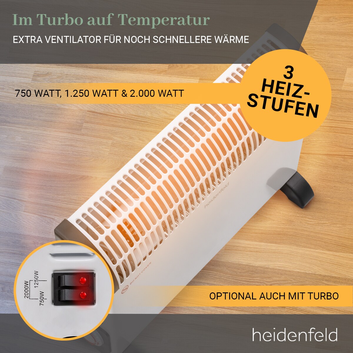 Heidenfeld Konvektorheizung HL200, 750-2000 Watt, Timer, Turbo-Funktion, Thermostat, bis 25 m² (Ohne Turbo)