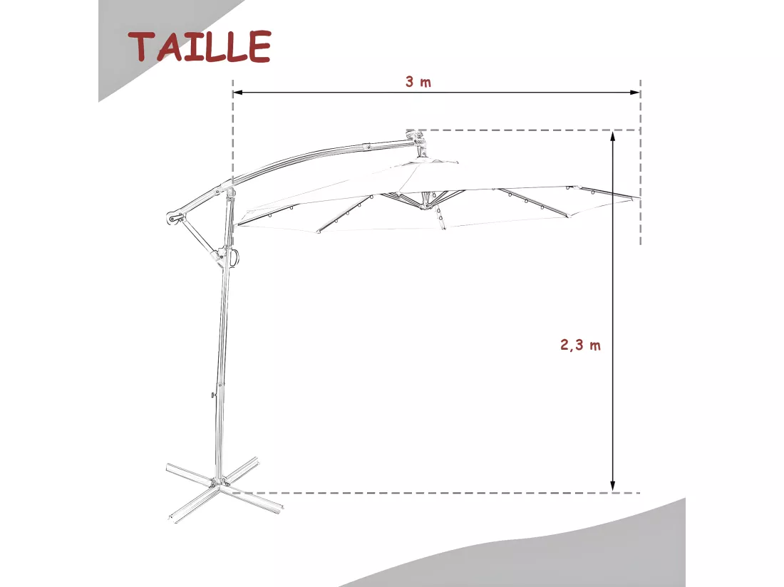 Parasol Déporté Exterieur Lumières LED Solaires 3M, Parasol de Marché à 8 Côtes en Aluminium, Réglages d'Inclinaison Rotation, Manivelle, Base Croisée, pour Jardin Terrasse Rouge
