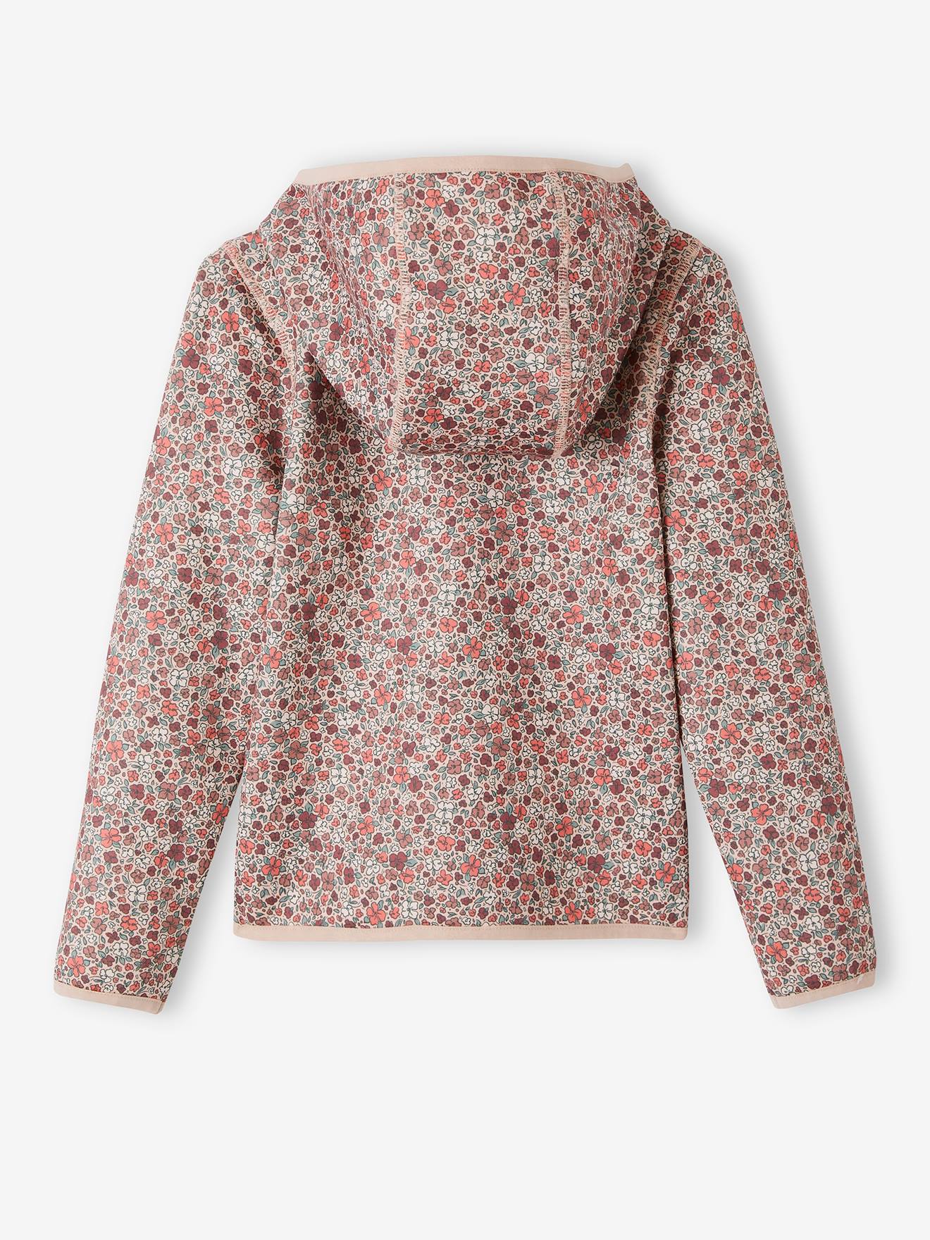 Conjunto de moletom com zíper e estampa floral, confeccionado em tecido técnico rosa estampado.