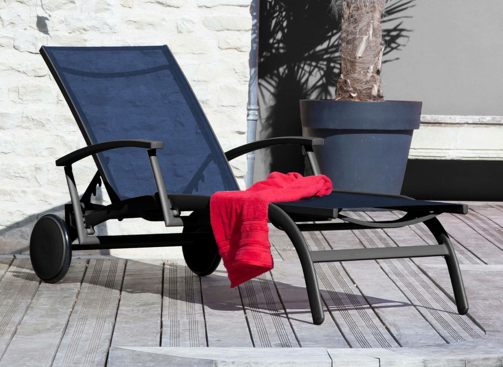 Lot de 2 bains de soleil elégance graphite/bleu + accoudoirs - aluminium/toile tpep