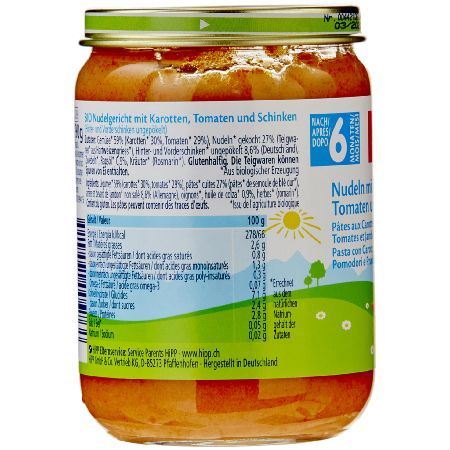 Hipp Brei Nudeln mit Rüebli Tomaten & Schinken 6+ Monate
