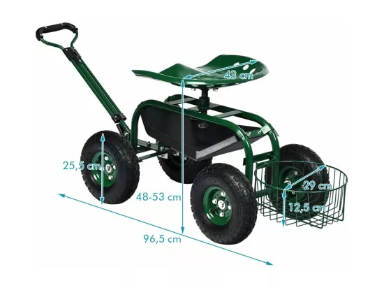 Siège de Jardin Roulant avec Poignée Extensible, Chariot Jardinage avec Siège Rotative 2 Plateaux à Outils Panier de Rangement 4 Roues en Caoutchouc (96,5 x 48,5 x 45,5-54,5 cm)